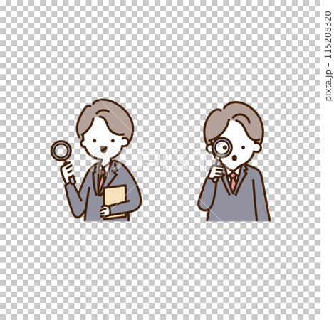 虫眼鏡を使ってよく確認するスーツ姿のビジネスマン 虫眼鏡を使ってよく確認するスーツ姿のビジネスマン 115208320