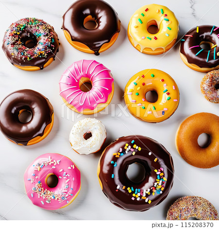 Top view of a set of fresh donuts 115208370