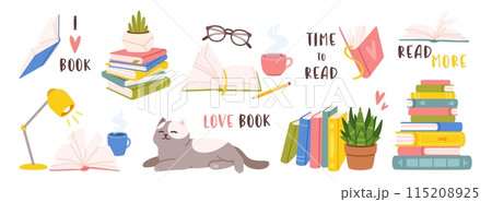 Reading and book. Cartoon colorful elements reading lovers. Open books, stack book, cozy atmosphere, houseplant sleeping cat, glasses cup of tea. Vector set Reading and book. Cartoon colorful elements reading lovers. Open books, stack book, cozy atmosphere, houseplant sleeping cat, glasses cup of tea. Vector set 115208925