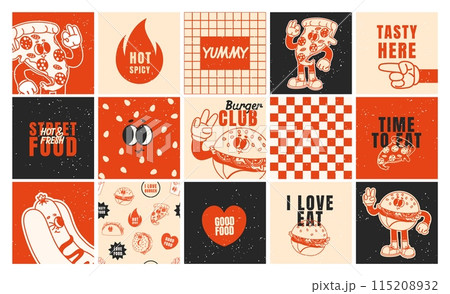 Fast food posters. Retro 70s cards, stickers with burger, hot dog, pizza. Funky branding patches. Slogan, quote, groovy food characters. Trendy vector cafe bar templates 115208932