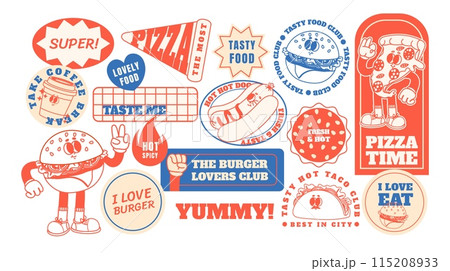 Retro fast food stickers. Cartoon junk food character patches. Funny cafe meals mascot. Vintage style 60s - 70s badges with burger, pizza, hot dog. Groovy vector elements 115208933
