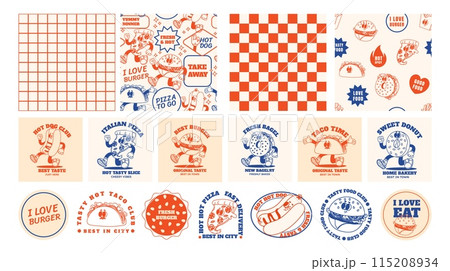 Retro fast food. Cartoon stickers and seamless patterns with groovy food mascot. Comic food characters for cafe menu. Patches taco, hot dog and burger. Vector templates 115208934