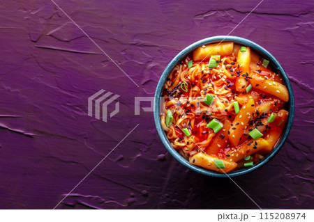 Rabokki, tteokbokki or topokki with ramen, Korean street food, spicy rice cakes 115208974