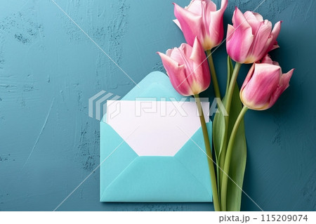 Three pink tulips in turquoise envelope on turquoise background. Mockup with white card. Flat lay, top view. generative ai. 115209074