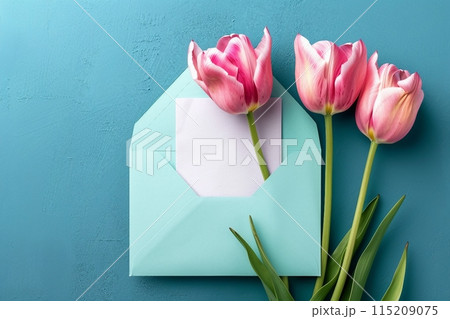 Three pink tulips in turquoise envelope on turquoise background. Mockup with white card. Flat lay, top view. generative ai. Three pink tulips in turquoise envelope on turquoise background. Mockup with white card. Flat lay, top view. generative ai. 115209075
