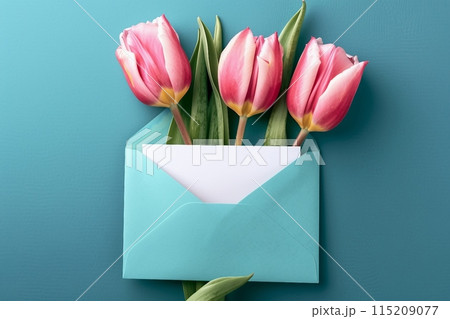 Three pink tulips in turquoise envelope on turquoise background. Mockup with white card. Flat lay, top view. generative ai. 115209077