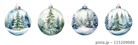 Watercolor set of Christmas tree baubles with winter holiday illustrations isolated on white background. 115209089