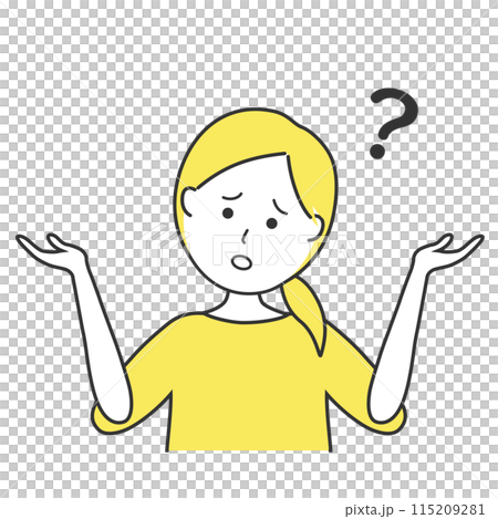 A woman with doubts. A line drawing illustration of a housewife posing with her hands up. 115209281