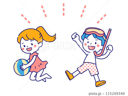 水着を着てジャンプする元気な男の子と女の子のイラスト　シンプルカラー 115209340