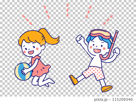 水着を着てジャンプする元気な男の子と女の子のイラスト　シンプルカラー 115209340