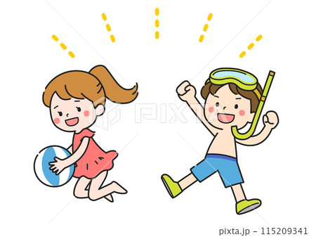 水着を着てジャンプする元気な男の子と女の子のイラスト 115209341