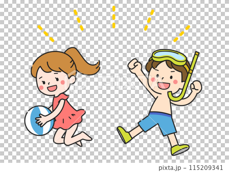 水着を着てジャンプする元気な男の子と女の子のイラスト 115209341