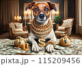 A luxurious dog adorned with gold chains, surrounded by stacks of cash and gold coins, in an opulent room. 115209456