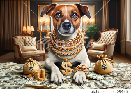 A luxurious dog adorned with gold chains, surrounded by stacks of cash and gold coins, in an opulent room. 115209456