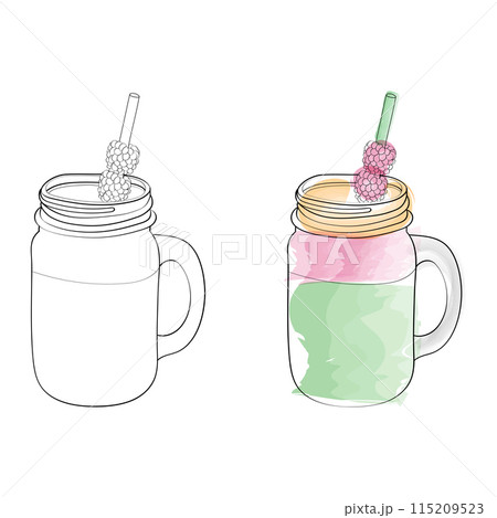 A simple illustration depicting a mason jar smoothie with a straw and raspberries on top. The image is presented in both line art and watercolor styles. 115209523