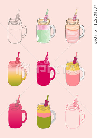 A set of nine colorful mason jar smoothies with different fruit toppings, perfect for a refreshing summer drink. 115209537