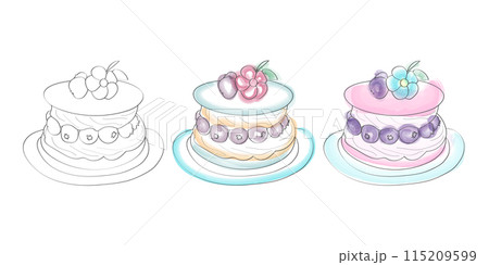 A digital illustration of three cakes, one in black and white and two with watercolor-like color, decorated with blueberries and flowers. A digital illustration of three cakes, one in black and white and two with watercolor-like color, decorated with blueberries and flowers. 115209599