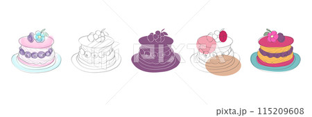 A set of five hand-drawn cakes with various toppings and color schemes, featuring blueberries and other berries. 115209608