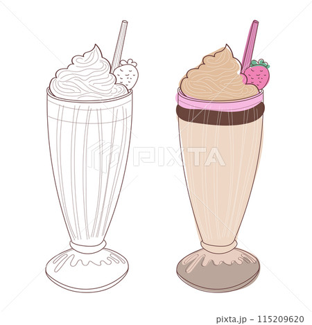 A line drawing illustration of a strawberry milkshake with whipped cream, a straw, and a strawberry. A line drawing illustration of a strawberry milkshake with whipped cream, a straw, and a strawberry. 115209620