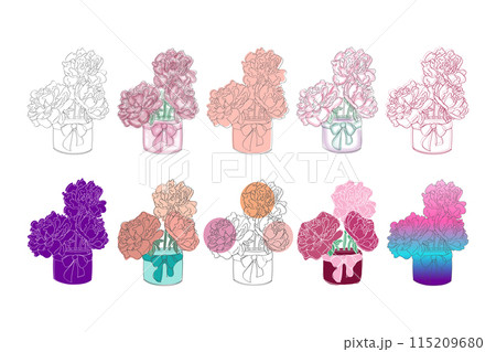 A digital illustration of ten different flower arrangements in jars, featuring various color palettes. 115209680