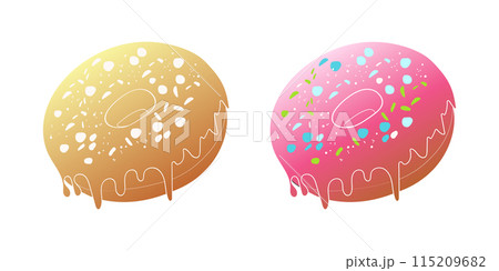 A digital illustration depicting two donuts. The donut on the left has a yellow glaze with white sprinkles and the donut on the right has a pink glaze with blue, green and white sprinkles. 115209682