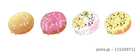 A set of four different glazed donuts, each with unique toppings and colors. The donuts are arranged in a row on a white background. A set of four different glazed donuts, each with unique toppings and colors. The donuts are arranged in a row on a white background. 115209711