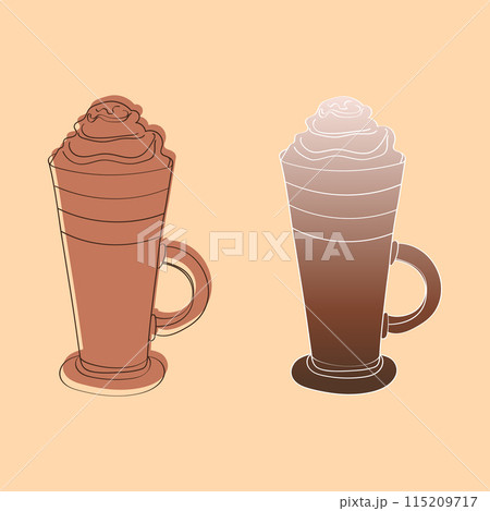 This illustration depicts two tall glasses of iced coffee with whipped cream on top. The glasses are drawn in an outline style with a gradient effect on the liquid. 115209717