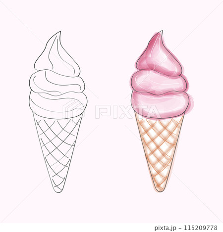 This image showcases a digital drawing of an ice cream cone. The image includes a black and white outline on the left side and a colored version on the right 115209778