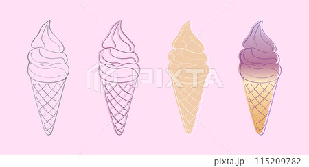 This illustration depicts four ice cream cones in various stages of completion. From a simple outline to a fully shaded image, the cones show the progress of creating a digital design. 115209782