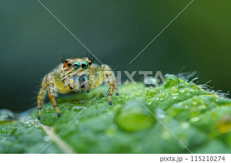 Green Jumping Spider On Dew-Covered Leaf 115210274