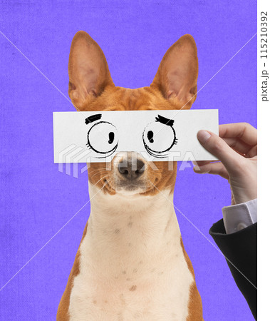 Catch up. Funny purebred dog on purple background, with human hand holding drawn cartoonish eyes. Creative collage. Catch up. Funny purebred dog on purple background, with human hand holding drawn cartoonish eyes. Creative collage. 115210392