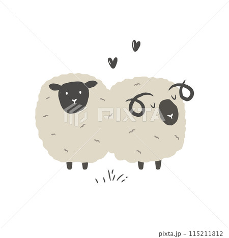 Hand drawn illustration of two cute sheep isolated on white background 115211812