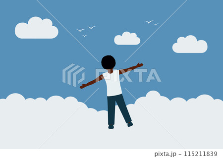 little boy dream about flying with birds in the sky vector illustration 115211839