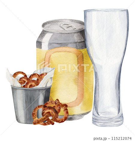 composition of beer can with glass and snack bucket of pretzels composition of beer can with glass and snack bucket of pretzels 115212074