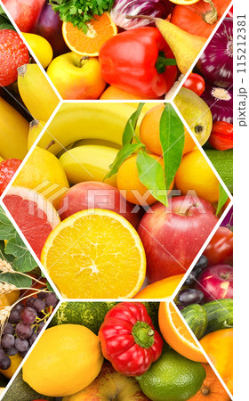 Set of vegetables and fruits. Collage.Vertical photo. Set of vegetables and fruits. Collage.Vertical photo. 115212381