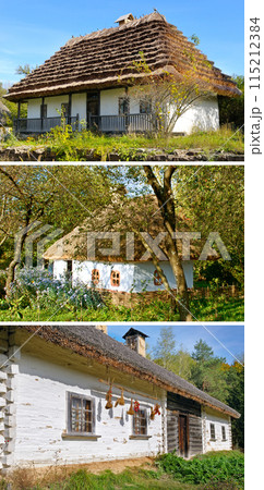 Old ukrainian house, Open-air museum of ukrainian architecture, Kiev, Pirogovo, Ukraine, Pirogovo Kiev. Collage. Old ukrainian house, Open-air museum of ukrainian architecture, Kiev, Pirogovo, Ukraine, Pirogovo Kiev. Collage. 115212384