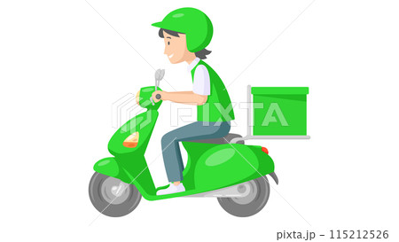 Delivery boy riding scooter with delivery box in green uniform. concept of grocery and parcel delivery service. vector illustration Delivery boy riding scooter with delivery box in green uniform. concept of grocery and parcel delivery service. vector illustration 115212526