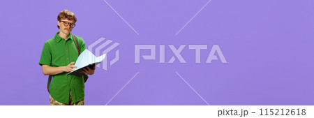 Banner. Young man, student with backpack flipping through a notebook, outlines against purple background. Copy space. Banner. Young man, student with backpack flipping through a notebook, outlines against purple background. Copy space. 115212618