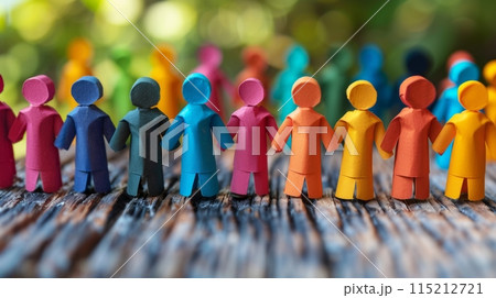 Colorful wooden people standing in a row on a wooden table. Rainbow People Figures Representing Diversity and Communication Concept. Teamwork and Collaboration. 115212721
