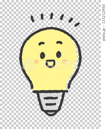 ピカッと光っている笑顔の電球 - ひらめく･ 電気･エネルギーのイメージ - かわいい手描きのキャラ 115212950