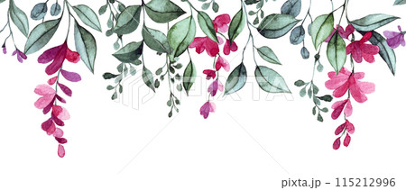 watercolor seamless border with pink wisteria flowers and leaves. elegant frame 115212996