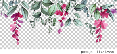 watercolor seamless border with pink wisteria flowers and leaves. elegant frame 115212996