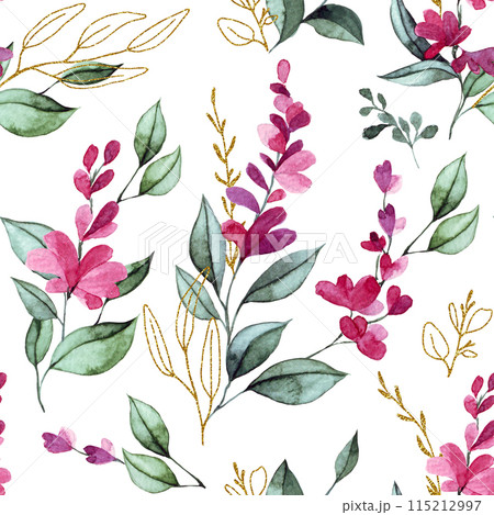 watercolor seamless pattern with pink wisteria flowers and gold leaves. elegant print 115212997