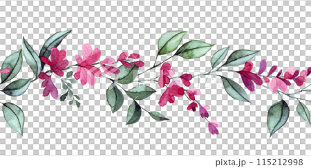 watercolor seamless border with pink wisteria flowers and leaves. elegant frame 115212998