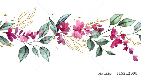 watercolor seamless border with pink wisteria flowers and golden leaves. elegant frame 115212999