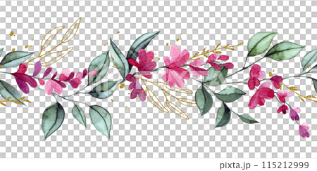 watercolor seamless border with pink wisteria flowers and golden leaves. elegant frame 115212999