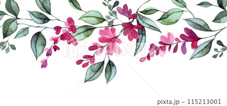 watercolor seamless border with pink wisteria flowers and leaves. elegant frame watercolor seamless border with pink wisteria flowers and leaves. elegant frame 115213001