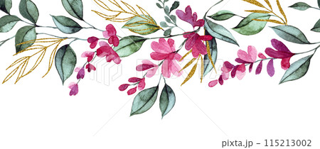 watercolor seamless border with pink wisteria flowers and golden leaves. elegant frame 115213002