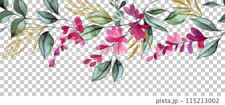 watercolor seamless border with pink wisteria flowers and golden leaves. elegant frame 115213002