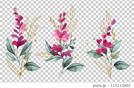 watercolor set, bouquets of pink flowers and leaves with golden elements. elegant clipart 115213003